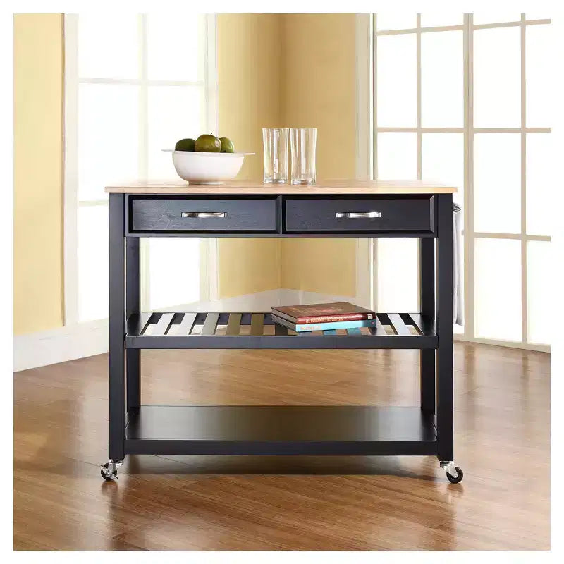 Carrello/Isola da Cucina con Piano in Legno Naturale e Porta Sgabelli Opzionale