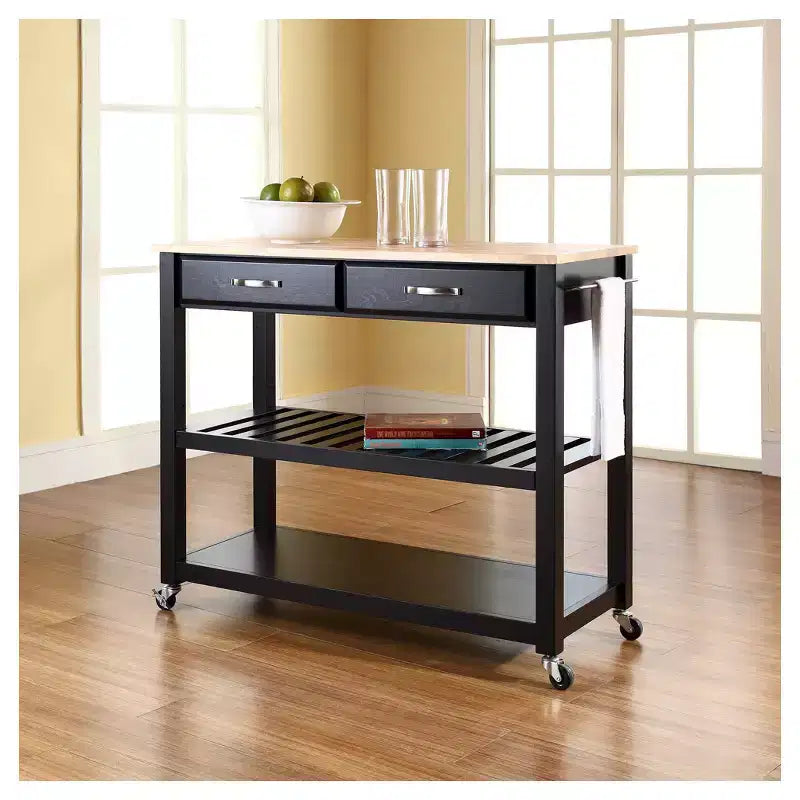 Carrello/Isola da Cucina con Piano in Legno Naturale e Porta Sgabelli Opzionale
