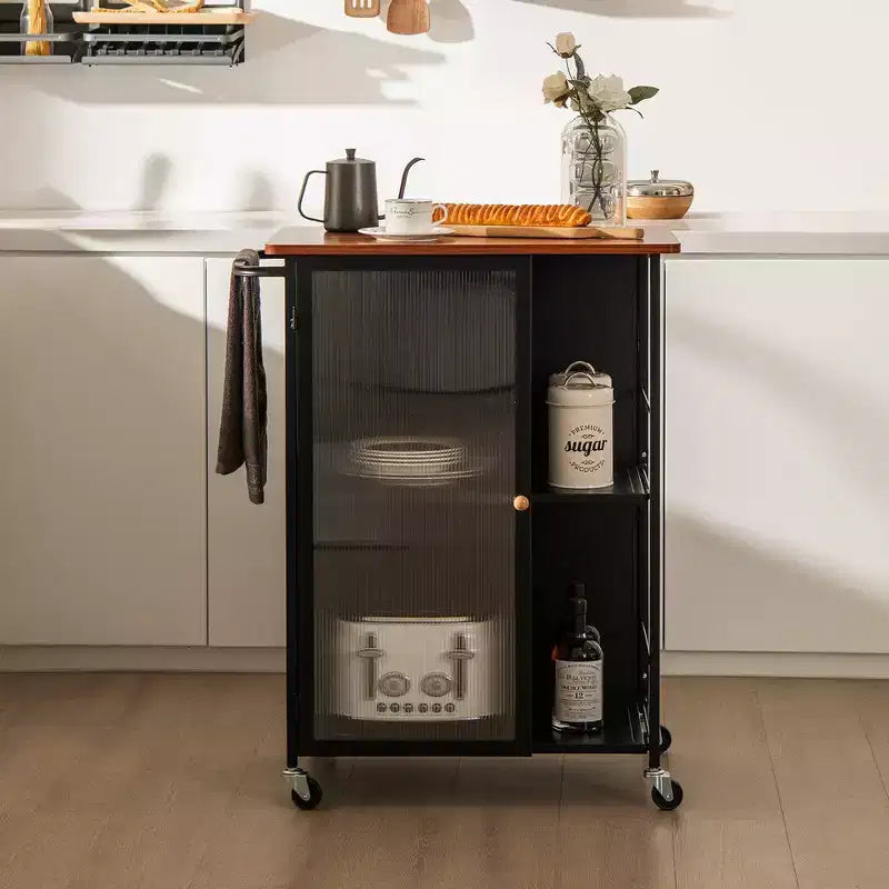 Carrello Mobile da Servizio da Cucina in Metallo con Armadietto a Porta Singola Trasparente