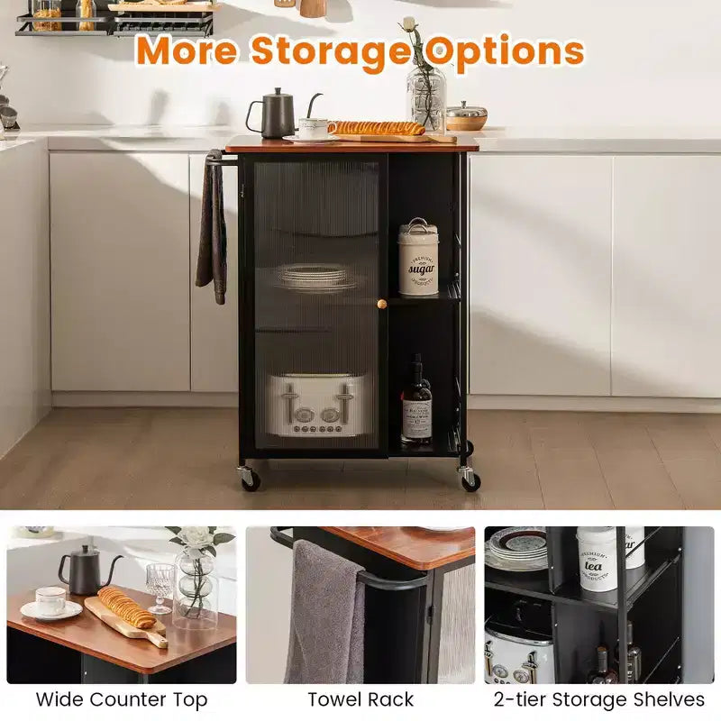 Carrello Mobile da Servizio da Cucina in Metallo con Armadietto a Porta Singola Trasparente